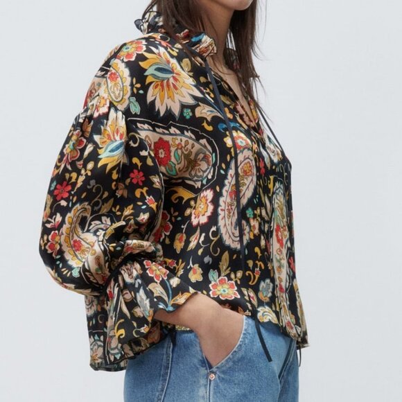 NEW Zara Multicolored Paisley Print High Collar Bow Ruffle Long Sleeves Blouse L - Picture 5 of 10